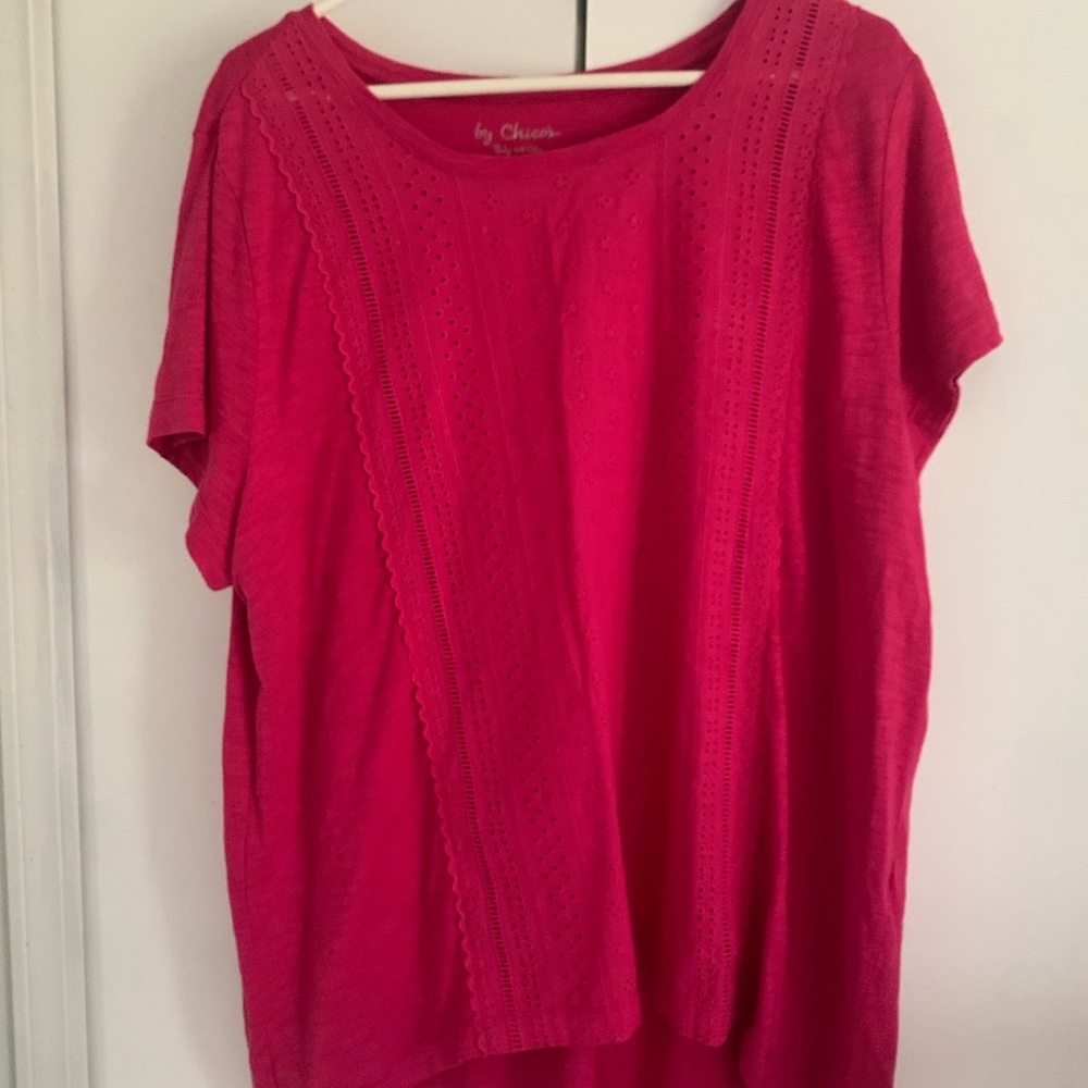 Chico's Bright Pink Eyelet Scoop Neck Short Sleeve Top